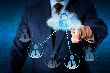 Image showing Executive Touching Locked Cloud Linked To Peers