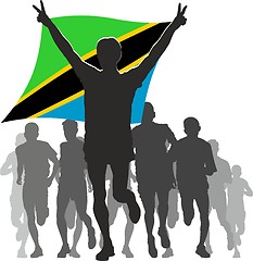 Image showing Athlete with the Tanzania flag at the finish