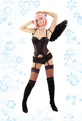 Image showing dancing black lingerie angel with pink hair and snowflakes