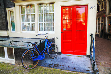 Image showing Bicycle parked near a house in Amsterdam