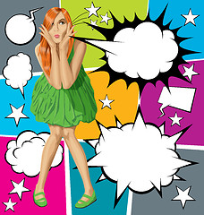 Image showing Vector Surprised Red in Green Dress With Set Of Speech Bubble