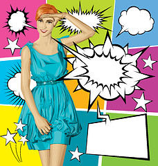 Image showing Vector Surprised Blonde in Blue Dress With Set Of Speech Bubble