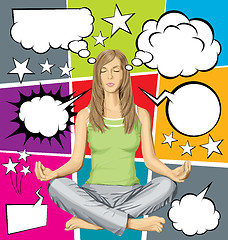 Image showing Vector woman meditating in lotus pose with set of speech bubble