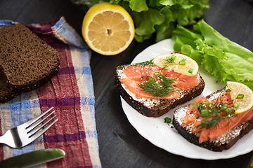 Image showing Sandwich with salmon for breakfast