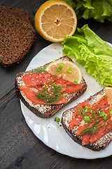 Image showing Sandwich with salmon for breakfast