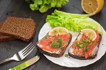 Image showing Sandwich with salmon for breakfast