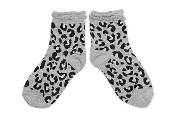 Image showing Pair of gray socks with black pattern.