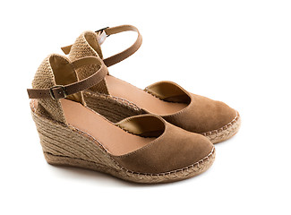 Image showing pair of brown suede women\'s shoes.