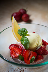 Image showing Ice cream with fresh strawberries