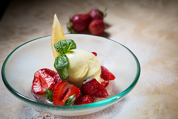 Image showing Ice cream with fresh strawberries