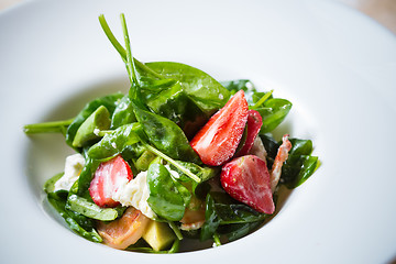 Image showing Fresh Salad with strawberries, goat cheese and shrimps