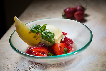 Image showing Ice cream with fresh strawberries