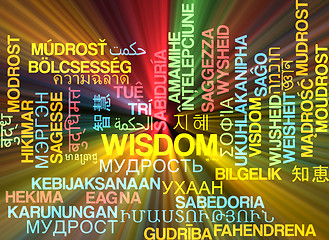Image showing Wisdom multilanguage wordcloud background concept glowing
