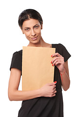 Image showing Smiling business woman showing envelope