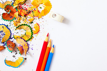 Image showing colored pencil, shavings and sharpener