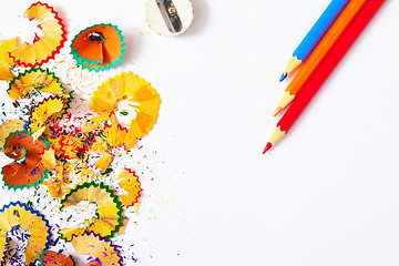 Image showing Colored pencil, shavings and sharpener