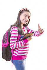 Image showing Beautiful teenager girl with backpack and digital tablet