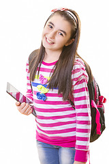 Image showing Beautiful teenager girl with backpack and digital tablet