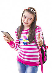 Image showing Beautiful teenager girl with backpack and digital tablet