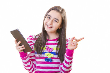 Image showing Beautiful teenager girl with backpack and digital tablet