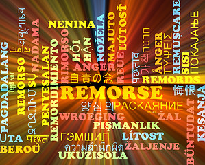 Image showing Remorse multilanguage wordcloud background concept glowing