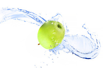 Image showing Green apple with water splash, isolated