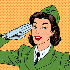 Image showing  Woman pilot stewardess shape salutes art comics retro style Hal
