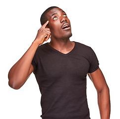 Image showing Young  black african man thinking and reminiscing about something