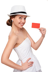 Image showing Summer woman showing credit card with copy space