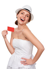 Image showing Summer woman showing credit card with copy space