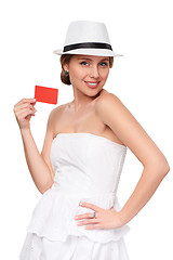 Image showing Summer woman showing credit card with copy space
