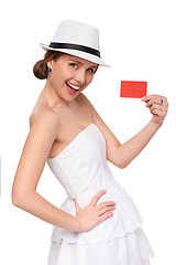 Image showing Summer woman showing credit card with copy space