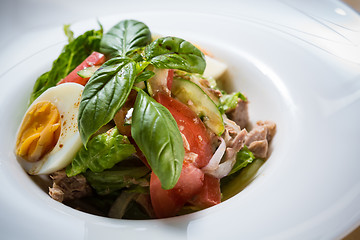 Image showing plate of spring mix salad with strawberry, eggs and tuna