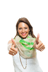Image showing Stylish Woman in Showing Two Thumbs up Signs