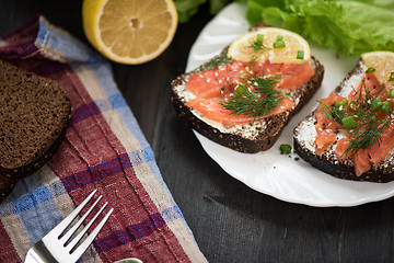 Image showing Sandwich with salmon for breakfast