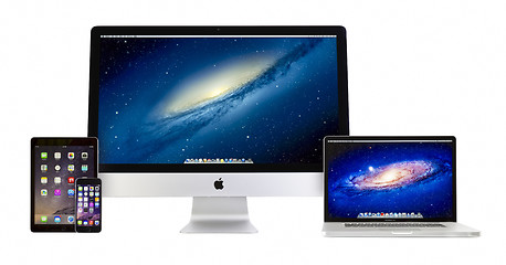 Image showing Apple iMac 27 inch desktop Macbook Pro, iPad Air 2 and iPhone 6 