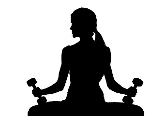 Image showing Woman silhouette Working Out Bench Barbells White Background