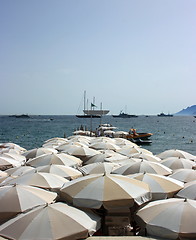 Image showing Dense beach umbrellas