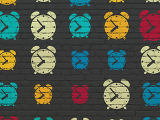 Image showing Timeline concept: Alarm Clock icons on wall background