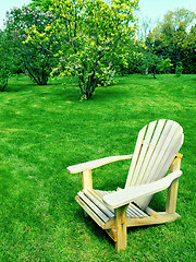 Image showing Wooden chair in spring garden