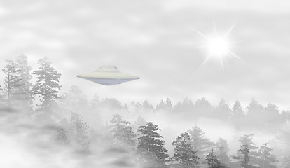 Image showing UFO in a landscape of misty forest at sunrise