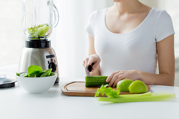 Image showing close up of woman with blender chopping vegetables