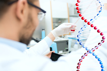 Image showing close up of scientist with tube and pipette in lab