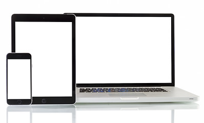 Image showing modern laptop, phone, tablet on a white background