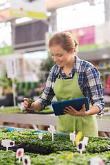 Image showing happy woman with tablet pc in greenhouse