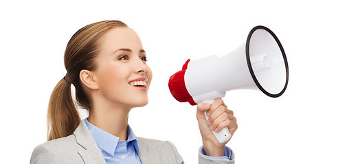 Image showing smiling businesswoman with megaphone