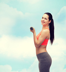 Image showing young sporty woman with light dumbbells