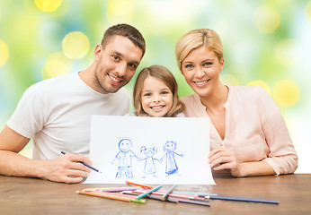 Image showing happy family with drawing pencils and picture