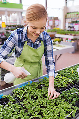 Image showing woman with sprayer and seedling in greenhouse