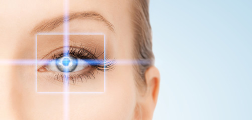 Image showing beautiful woman pointing to eye